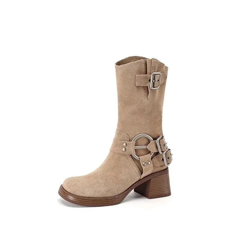 Φθινοπωρινά Γυναικεία Παπούτσια Πλατφόρμας 2023 Νέα Μόδα με πόρπη Nubuck Χοντρό τακούνι Mid Calf Μπότες για Γυναικείες Vintage Western Cowboy μπότες