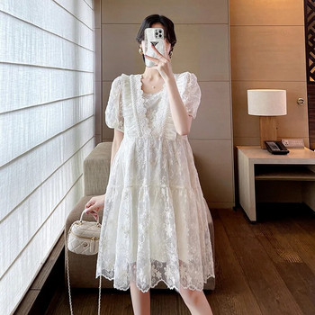 Φόρεμα εγκυμοσύνης με γλυκά δαντέλα Μόδα μονόχρωμο μανίκι με φουσκωτό λαιμό Φαρδύ φόρεμα εγκυμοσύνης 2023 Καλοκαίρι Νέο ύφος Φόρεμα για έγκυες γυναίκες
