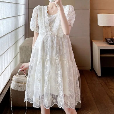 Magusad pitsist rasedate kleidid Moodne soliidne kaelus, puhvis varrukatega avar raseduskleit 2023. aasta suvine uues stiilis rasedate kleit