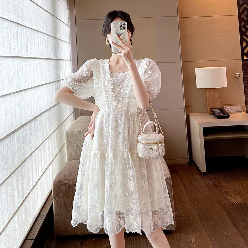 Magusad pitsist rasedate kleidid Moodne soliidne kaelus, puhvis varrukatega avar raseduskleit 2023. aasta suvine uues stiilis rasedate kleit