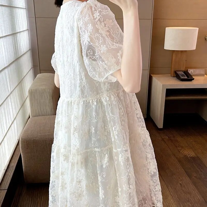 Magusad pitsist rasedate kleidid Moodne soliidne kaelus, puhvis varrukatega avar raseduskleit 2023. aasta suvine uues stiilis rasedate kleit