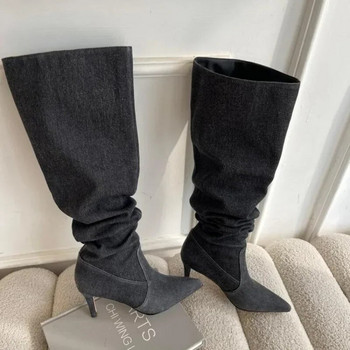 Street Fashion Cowboy Boots για Γυναικείες 2023 Νέες μύτες γυναικείες μπότες μπλε τζιν ψηλοτάκουνες μπότες στη μέση Zapatos De Mujer