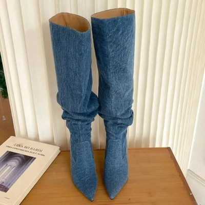 Cizme de cowboy la modă de stradă pentru femei 2023 noi Cizme de damă cu vârf ascuțit Denim albastru cu toc înalt Cizme la jumătatea gambei Zapatos De Mujer