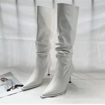 Дамски обувки 2023 Висококачествени дамски ботуши Модни плисирани офис и кариера Секси ботуши с остри пръсти до коляното Zapatos
