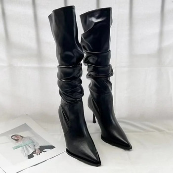 Γυναικεία παπούτσια 2023 Υψηλής ποιότητας slip-on γυναικείες μπότες μόδας πιέτες γραφείου και καριέρας Σέξι μυτερές μπότες μέχρι το γόνατο Zapatos