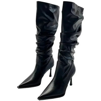 Дамски обувки 2023 Висококачествени дамски ботуши Модни плисирани офис и кариера Секси ботуши с остри пръсти до коляното Zapatos
