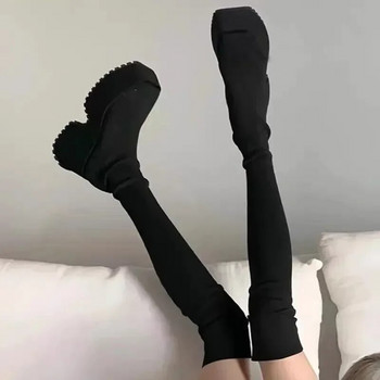 Γυναικείες μπότες κάλτσες πάνω από το γόνατο 2023 Χειμώνας Νέα μόδα Stretch χοντρά τακούνια πλεκτά μακριά μπότες Γυναικείες slip on platform παπούτσια