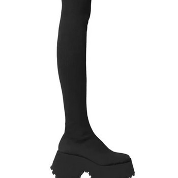 Дамски ботуши над коляното 2023 Нова зимна мода Разтегливи дебели токчета Плетени дълги ботуши Дамски обувки на платформа
