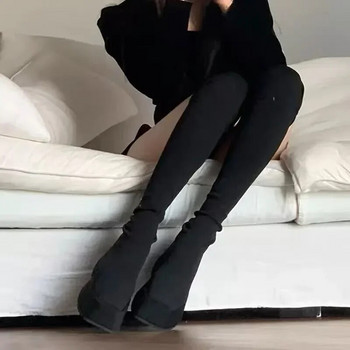 Дамски ботуши над коляното 2023 Нова зимна мода Разтегливи дебели токчета Плетени дълги ботуши Дамски обувки на платформа