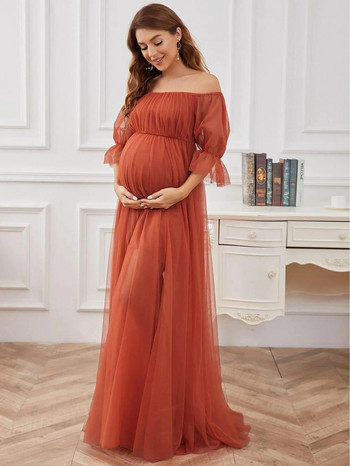 Елегантни фотосесии за бременни, дълги рокли за бременни жени, едноцветни вечерни парти рокли с отворени рамене Premama Дрехи за шаферка