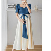 Elegantiškos suknelės nėščiosioms Vasariniai drabužiai nėščiosioms Madingi raištiniai su iškirpte, dideli lankai Laisva plona, miela nėštumo suknelė