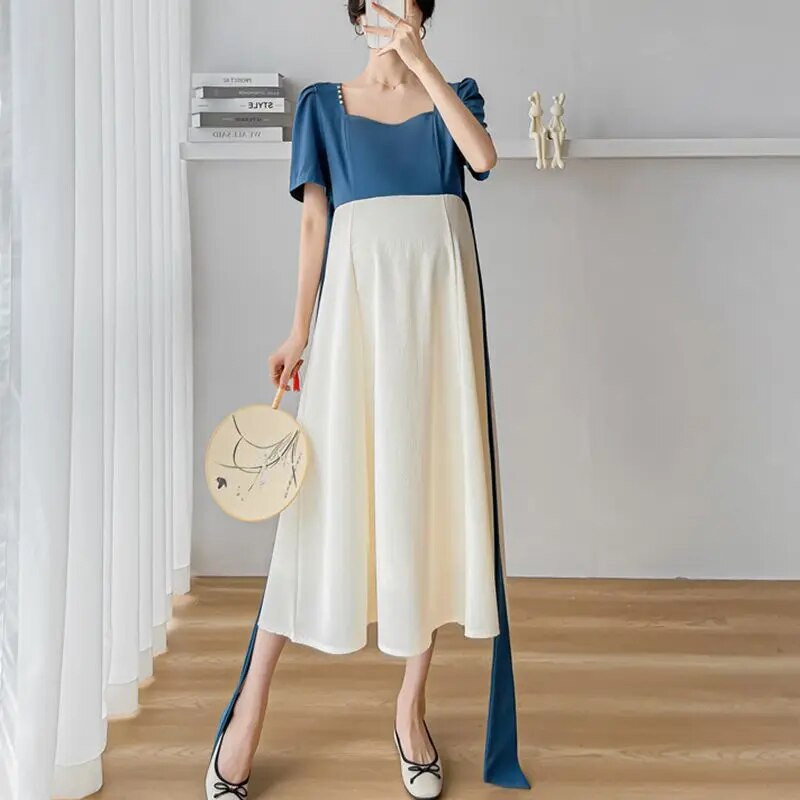 Elegantiškos suknelės nėščiosioms Vasariniai drabužiai nėščiosioms Madingi raištiniai su iškirpte, dideli lankai Laisva plona, miela nėštumo suknelė