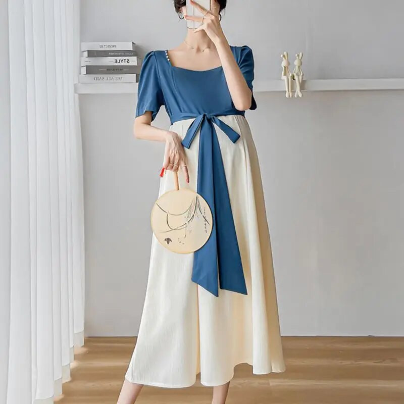 Elegantiškos suknelės nėščiosioms Vasariniai drabužiai nėščiosioms Madingi raištiniai su iškirpte, dideli lankai Laisva plona, miela nėštumo suknelė