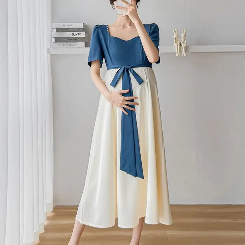 Elegantiškos suknelės nėščiosioms Vasariniai drabužiai nėščiosioms Madingi raištiniai su iškirpte, dideli lankai Laisva plona, miela nėštumo suknelė