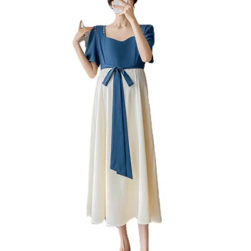 Elegantiškos suknelės nėščiosioms Vasariniai drabužiai nėščiosioms Madingi raištiniai su iškirpte, dideli lankai Laisva plona, miela nėštumo suknelė