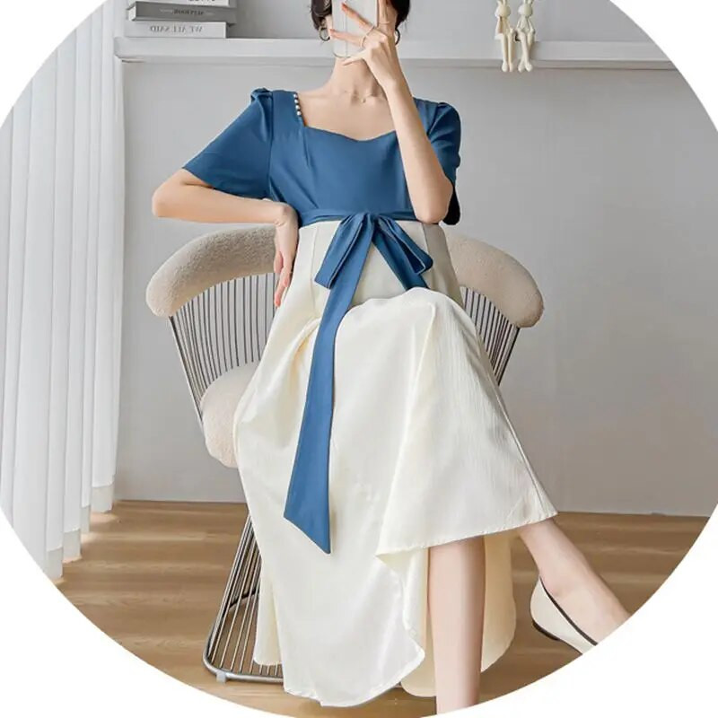 Elegantiškos suknelės nėščiosioms Vasariniai drabužiai nėščiosioms Madingi raištiniai su iškirpte, dideli lankai Laisva plona, miela nėštumo suknelė