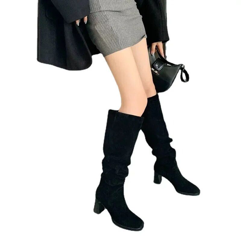 Moteriški batai išpardavimas 2023 m. Aukštos kokybės kvadratinės galvos tvirti batai rudeniniai paprasti madingi batai kvadratiniais aukštakulniais zomšiniais aukštakulniais