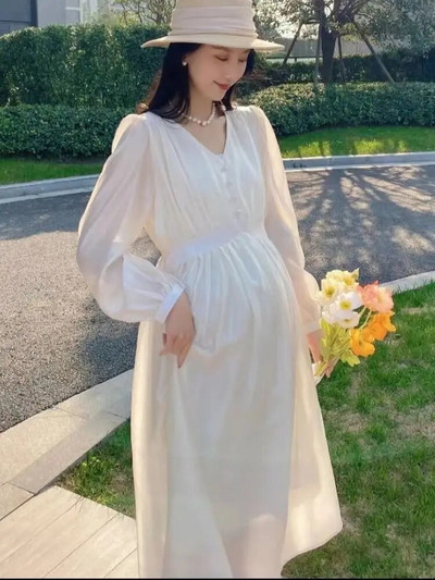 Beež roosa rasedatele mõeldud šifoonist kleit vedru pikkade varrukatega V-kaelusega kõrge vöökohaga rasedale rannakleit armas raseduskleit