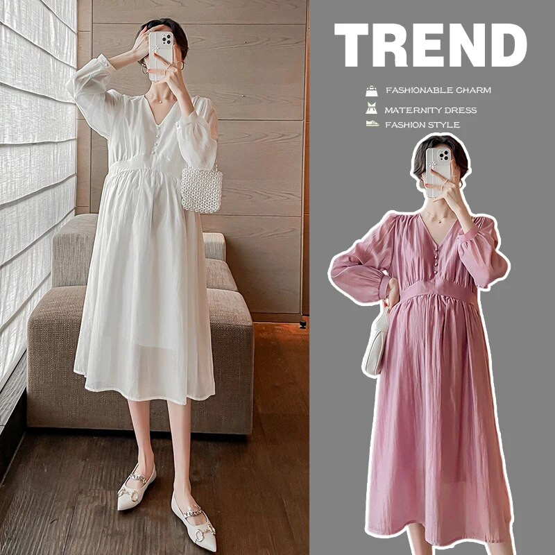 Beež roosa rasedatele mõeldud šifoonist kleit vedru pikkade varrukatega V-kaelusega kõrge vöökohaga rasedale rannakleit armas raseduskleit