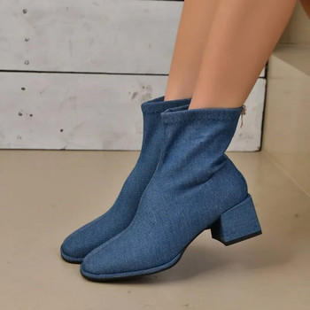 Γυναικεία παπούτσια 2023 Μόδα με φερμουάρ Γυναικείες μπότες Φθινοπωρινές μπότες με τζιν τετράγωνο συμπαγές κοντό βαρέλι Μπότες μόδας μεγάλου μεγέθους με χοντρό τακούνι
