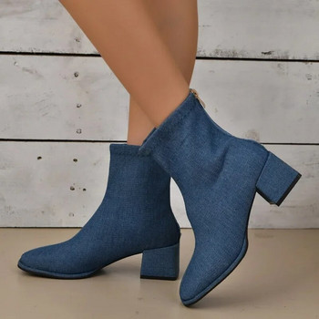 Γυναικεία παπούτσια 2023 Μόδα με φερμουάρ Γυναικείες μπότες Φθινοπωρινές μπότες με τζιν τετράγωνο συμπαγές κοντό βαρέλι Μπότες μόδας μεγάλου μεγέθους με χοντρό τακούνι