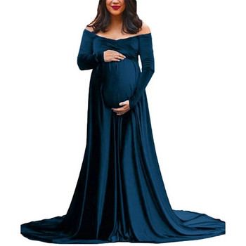 Рокля с опашка Кадифени рокли с V-образно деколте и отворени рамене за бременни