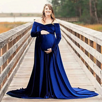Рокля с опашка Кадифени рокли с V-образно деколте и отворени рамене за бременни