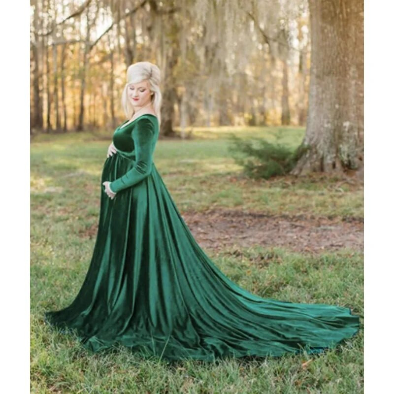 Φόρεμα ουράς με βελούδινο λαιμόκοψη Φορέματα εγκυμοσύνης με ανοιχτό ώμο Photoshoot Photography Props Φορέματα ντους μωρών για έγκυες γυναίκες