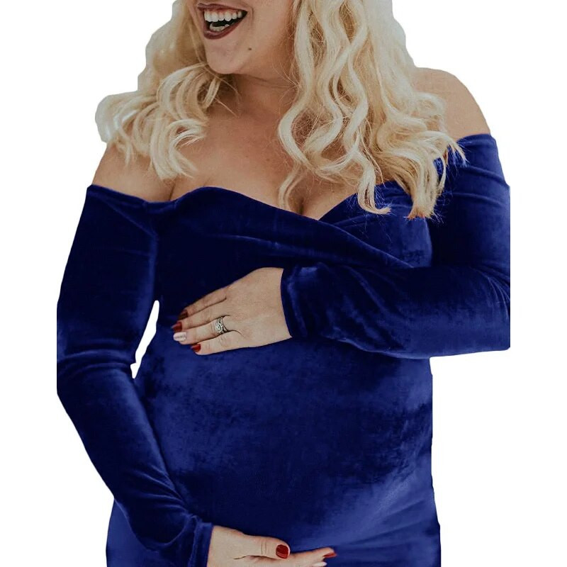 Φόρεμα ουράς με βελούδινο λαιμόκοψη Φορέματα εγκυμοσύνης με ανοιχτό ώμο Photoshoot Photography Props Φορέματα ντους μωρών για έγκυες γυναίκες