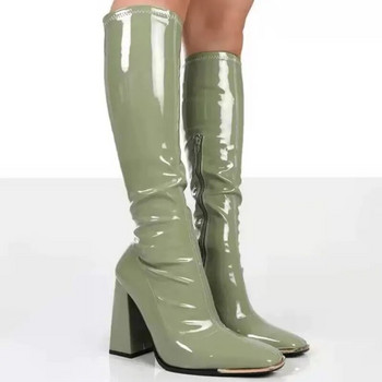 Марка Луксозни дизайнерски платформени блок високи токчета Дамски ботуши до средата на прасеца Модни бонбонени цветни цип Готически дамски обувки Лачена кожа