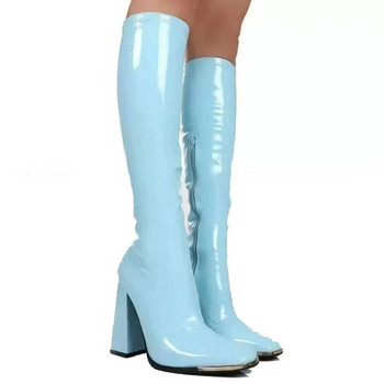 Марка Луксозни дизайнерски платформени блок високи токчета Дамски ботуши до средата на прасеца Модни бонбонени цветни цип Готически дамски обувки Лачена кожа