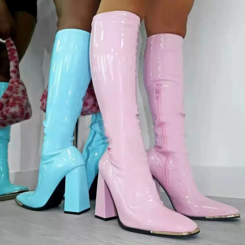 Brändi Luksuslik Disainer Platvorm Plokk Kõrged kontsad Naiste Sääre kesksaapad Moodsad Candy Värvilukuga Goth Naiste Kingad Lakknahk