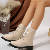 Naiste lühikesed saapad 2023. aasta sügis, uued online-kuulsuste stiilis paksud poolsaapad, päris materjalist nööriga naiste kingad