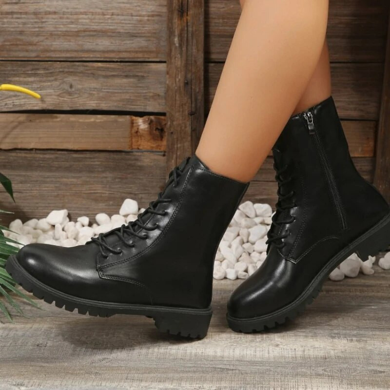 Naiste lühikesed saapad 2023. aasta sügis, uued online-kuulsuste stiilis paksud poolsaapad, päris materjalist nööriga naiste kingad