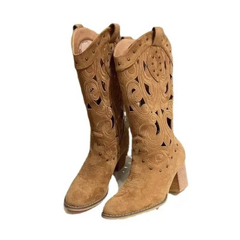 Vintage καφέ μπότες κεντήματος Γυναικείες δερμάτινες εμπριμέ δυτικές μπότες καουμπόη Φθινοπωρινές, Χειμώνας, Deep V-mouth High Tube Casual Boots