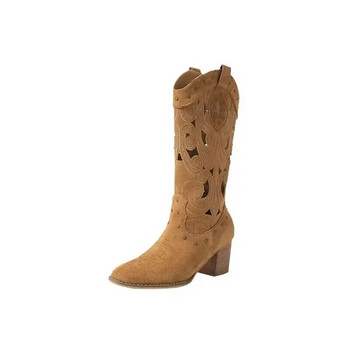Vintage καφέ μπότες κεντήματος Γυναικείες δερμάτινες εμπριμέ δυτικές μπότες καουμπόη Φθινοπωρινές, Χειμώνας, Deep V-mouth High Tube Casual Boots