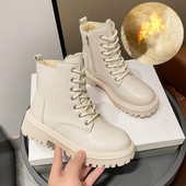 Talvised paksud pehmed poolsaapad naiste 2023. aasta uued soojad Pu-nahast lumesaapad, naiste mustad talvised paelad, lamedate kontsadega puuvillased kingad