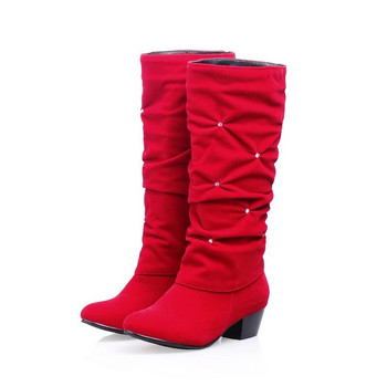 Νέες γυναικείες χειμερινές μπότες με χαμηλό τακούνι στη μέση της γάμπας Μόδα Rhinestone Round Toe Snow Boots Party Wedding shoes Red Black Blue