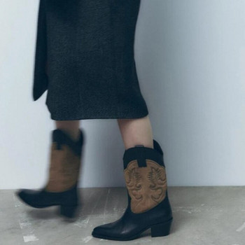 Обувки Дамски ботуши Cowgirl с остри пръсти Полувисоки дамски обувки Деним Каубойски на среден ток Среден прасец Мода 2023 Trend Hot Pu