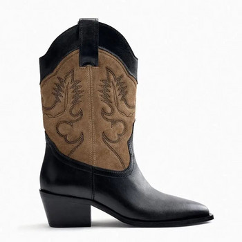 Παπούτσια Γυναικείες μπότες Cowgirl με μυτερές μύτες Γυναικείες μπότες μισά ψηλά παπούτσια για γυναίκες με τζιν καουμπόη μεσαίο τακούνι Mid Calf Fashion 2023 Trend Hot Pu