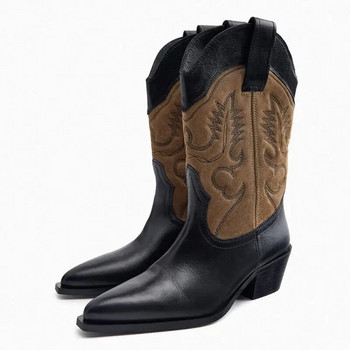 Обувки Дамски ботуши Cowgirl с остри пръсти Полувисоки дамски обувки Деним Каубойски на среден ток Среден прасец Мода 2023 Trend Hot Pu