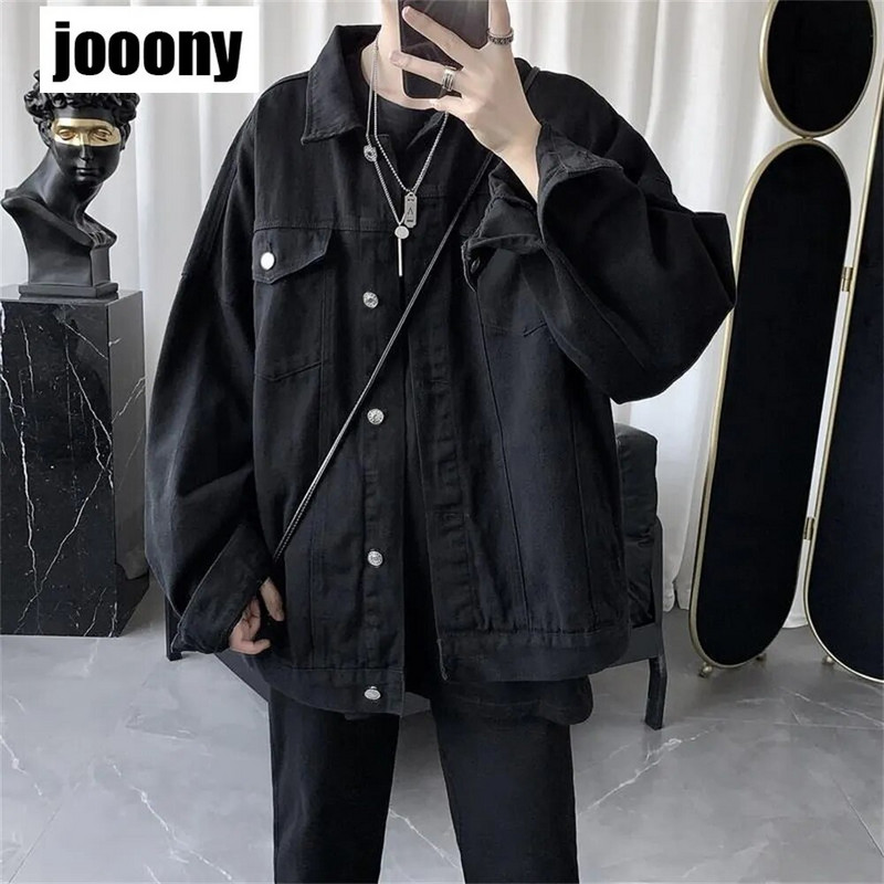 Vīriešu melns ikdienas darba apģērbs Džinsa jaka brīva ikdienas daudzpusīga, jauneklīga vīriešu vienkrāsaina topi jaka Vīriešu modes džinsu jakas