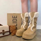Χειμώνας 2023 νέα vintage χοντρή σόλα και φλις μπότες ιππότης ζεστές μπότες Martin με λουράκι στο μεσαίο πόδι Γυναικείες μπότες Snow