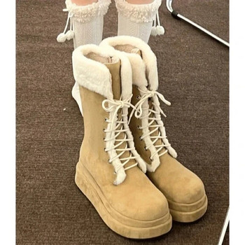 Χειμώνας 2023 νέα vintage χοντρή σόλα και φλις μπότες ιππότης ζεστές μπότες Martin με λουράκι στο μεσαίο πόδι Γυναικείες μπότες Snow