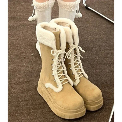 Χειμώνας 2023 νέα vintage χοντρή σόλα και φλις μπότες ιππότης ζεστές μπότες Martin με λουράκι στο μεσαίο πόδι Γυναικείες μπότες Snow