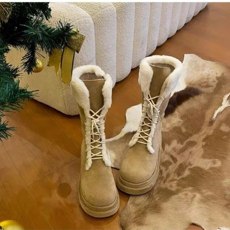 Χειμώνας 2023 νέα vintage χοντρή σόλα και φλις μπότες ιππότης ζεστές μπότες Martin με λουράκι στο μεσαίο πόδι Γυναικείες μπότες Snow
