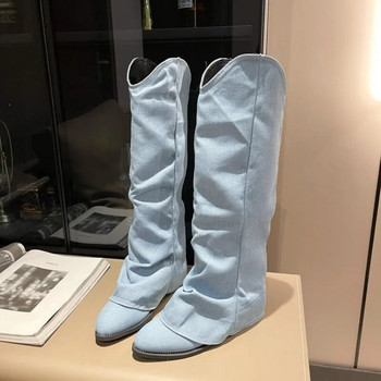 Πιέτες μπλε τζιν ψηλές μπότες για γυναίκες 2023 Φθινόπωρο με χοντρό τακούνι με μυτερές μύτες Καουμπόικες μπότες Γυναικεία slip On Western Long Boots