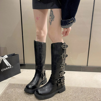 Γυναικείες μπότες μέχρι το γόνατο πλατφόρμα, κομψά γοτθικά κομψά γυναικεία παπούτσια μοτοσικλέτας με μεσαίο τακούνι με καρφιά Knight Combat