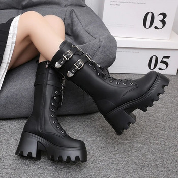 Γυναικείες πανκ γοτθικές μπότες 2023 Μόδα με πόρπη με αλυσίδα Ψηλοτάκουνες μπότες με μέση γάμπα Γυναικείες μαύρες Pu Leather Plus μέγεθος 42 Autumn Botas