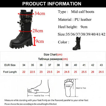 Γυναικείες πανκ γοτθικές μπότες 2023 Μόδα με πόρπη με αλυσίδα Ψηλοτάκουνες μπότες με μέση γάμπα Γυναικείες μαύρες Pu Leather Plus μέγεθος 42 Autumn Botas